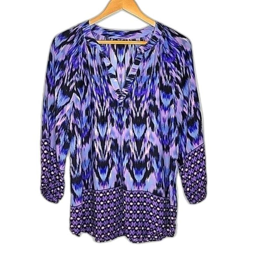 BEACHLUNCHLOUNGE Blouse 3/4 Sleeve Split V-neck Ikat Printed Boho Tunic Fun